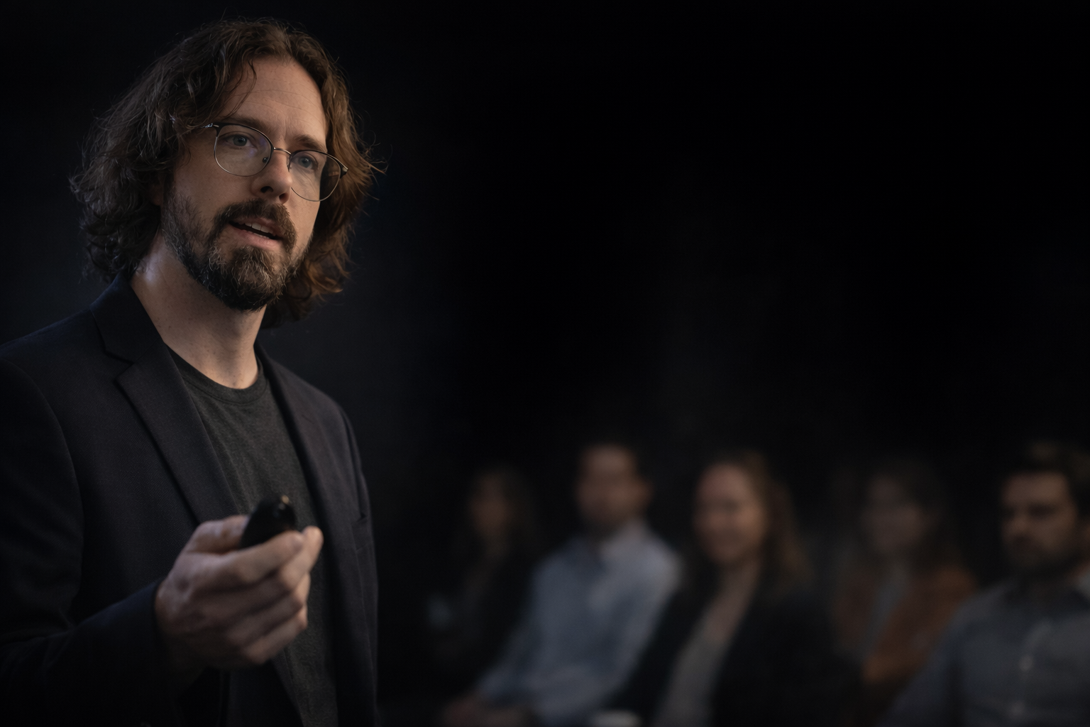 Erik Cadieux presenting on stage — confident, clicker in hand, audience listening in background